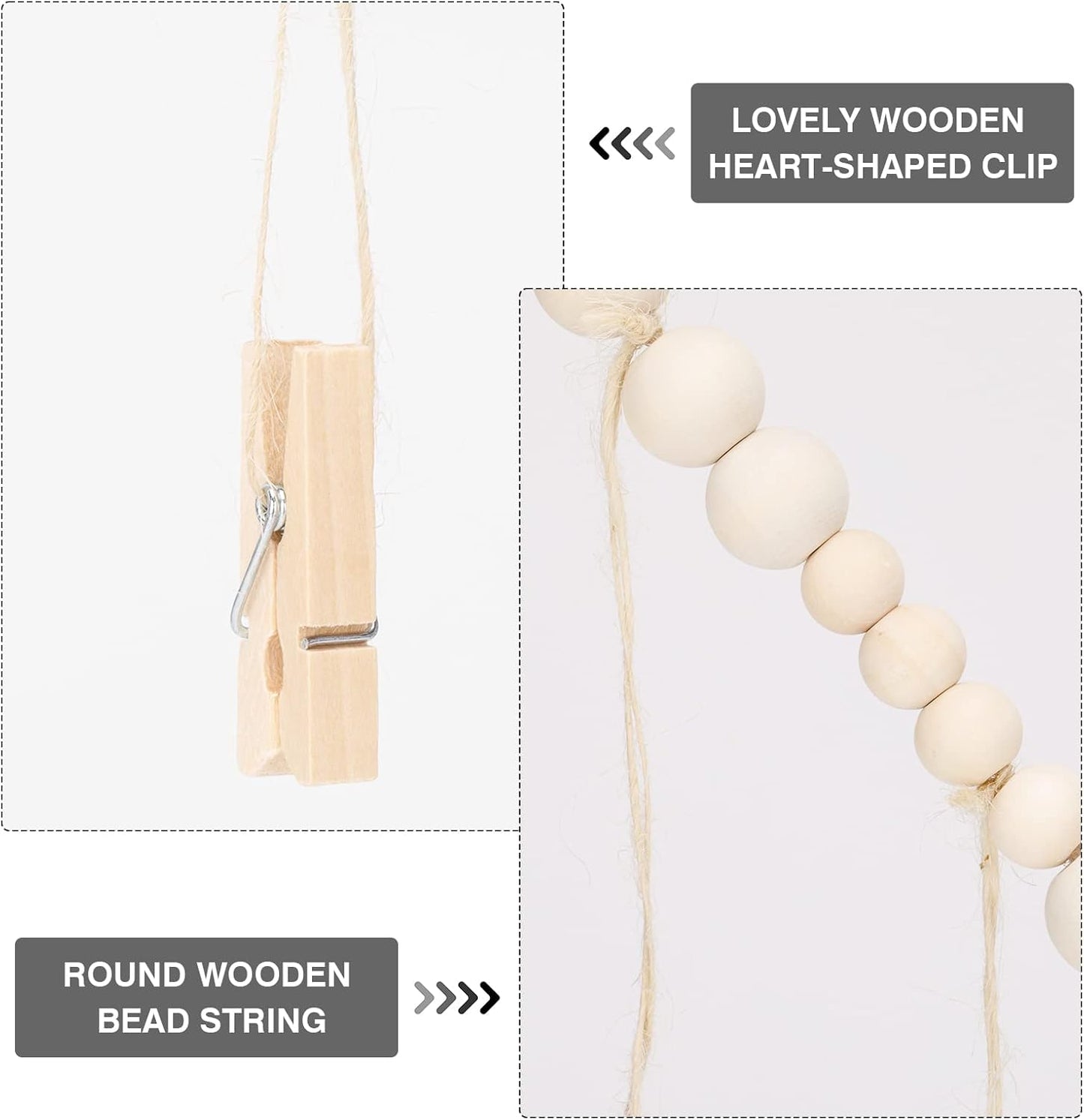 joycraft 5Ft Photo Banner with Clips, Photo Garland with Wooden Beads, Photo Clip String, Boho Photo Display for Bedroom, Office, Dorm, and Party Decor(11Pcs Clips + 6Pcs Wooden Heart Tags)