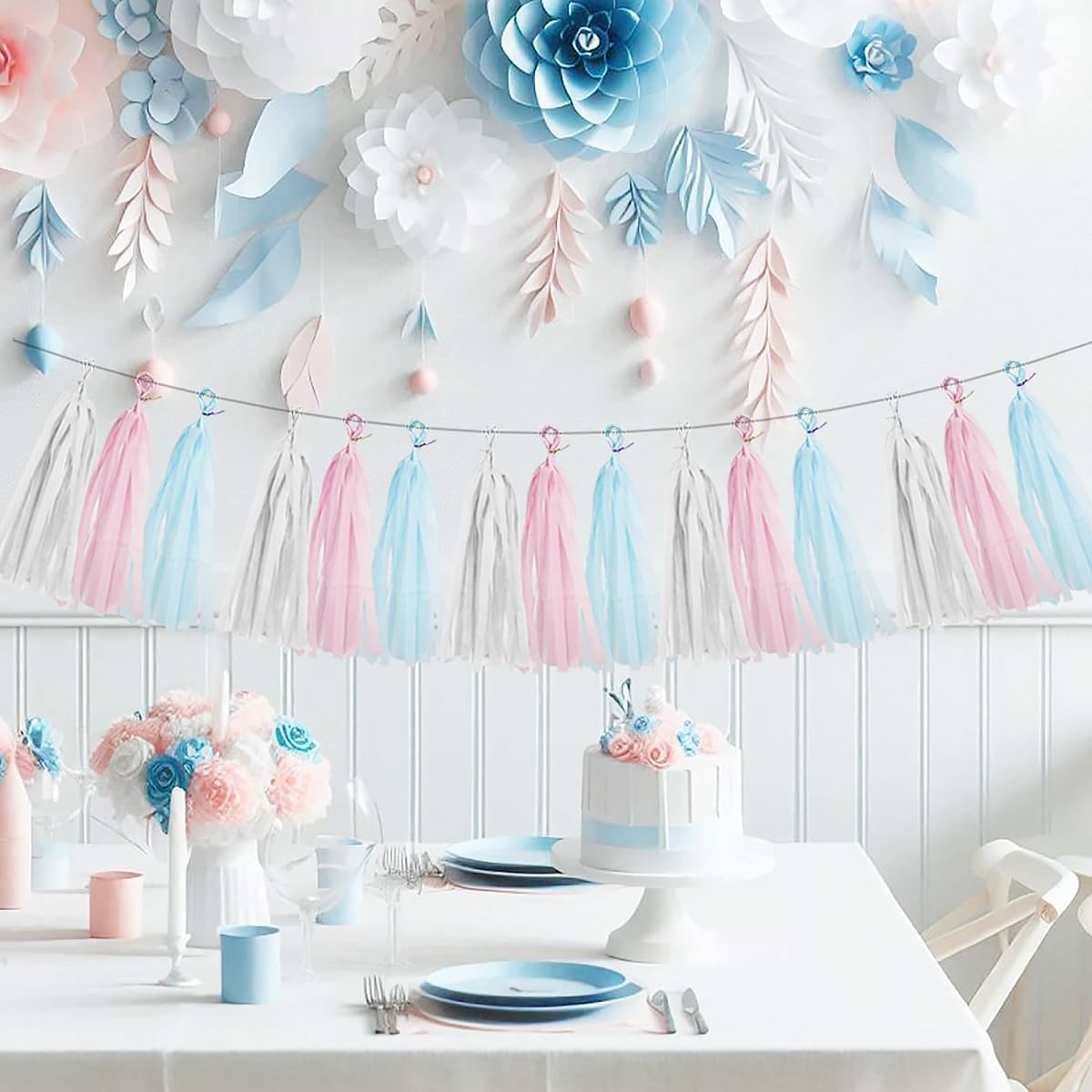 Gender Reveal Decorations Blue Pink - 15pcs Tissue Paper Tassel Garland Baby Gender Reveal Party Supplies Gender Reveal Theme Decor Gold Birthday Hanging Decor Ideas HongTongTong