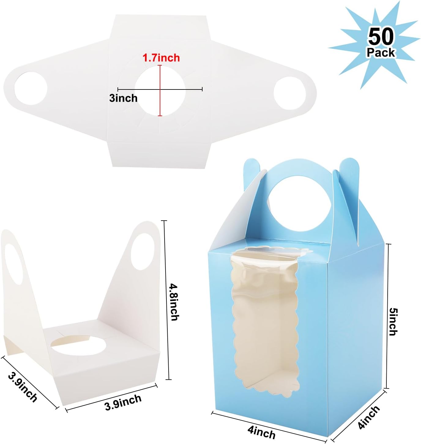 Individual Cupcake Boxes 4x4x5 Inches Disposable Pastry Tray Boxes, With Window Insert and Handle, Perfect for Parties, Birthdays, Bakery Wrapping and Events Containers (Blue-50Pack)