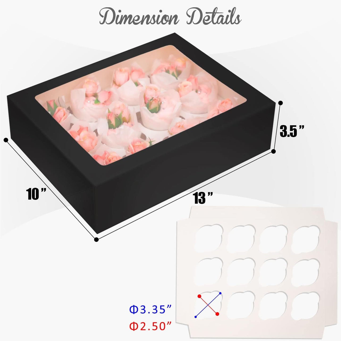 12 Cupcake Containers 20-Packs Black Cupcake Box Cupcakes Carrier, 12 Cupcake Boxes with Window 13"x10"x3.5"（Auto-pop up）