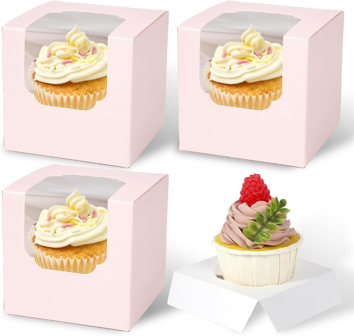 JCD 120 Pcs Individual Pink Cupcake Box with Insert, Cupcake Boxes Auto-pop up Individual Cupcake Container Brown PINK 3.5" x 3.5" x 3.5" Single Cupcake Boxes(Pink/120Pcs)