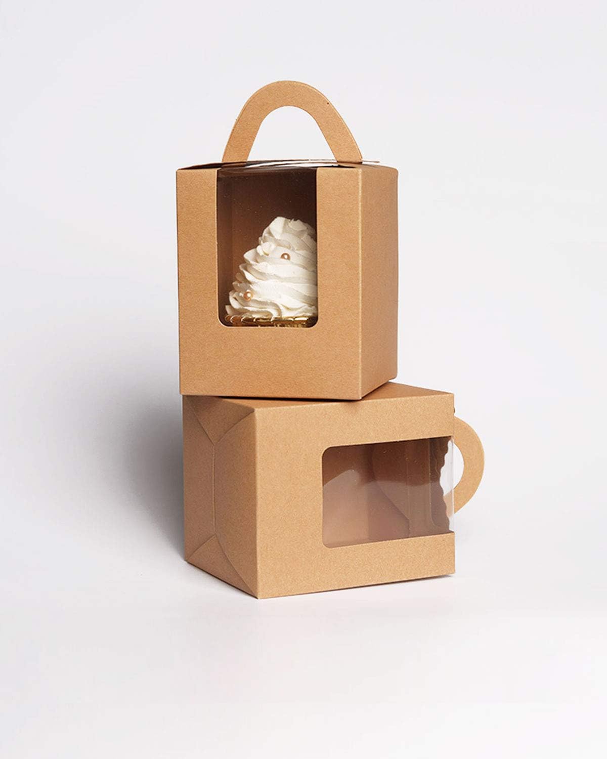 qiqee Kraft Cupcake Boxes 60 Packs Individual Cupcake Holders Disposable Brown Single Cupcake Boxes with Window 3.6 * 3.6 * 4.3inch Cupcake Containers