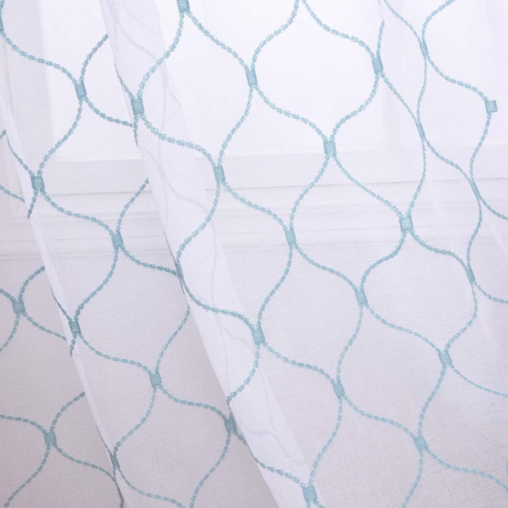 Embroidery Sheer Curtains Blue 84 Inches, Rod Pocket Voile Drapes for Living room, Bedroom, Window Treatments Wave Diamond Semi Crinkle Curtain Panels for Yard, Patio, Villa, Set of 2, 52"x 84".