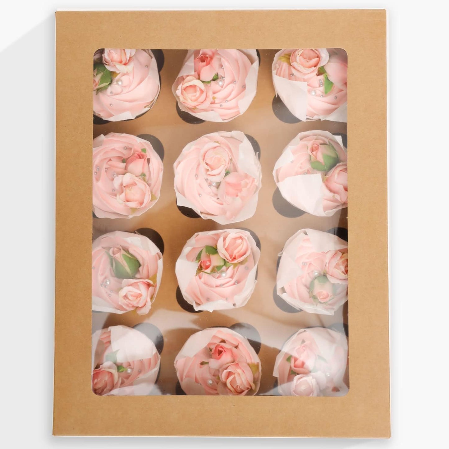 12 Cupcake Containers 20-Packs Brown 12 Count Cupcake Boxes with Window Cupcakes Carrier, 13"x10"x3.5"（Auto-pop up）
