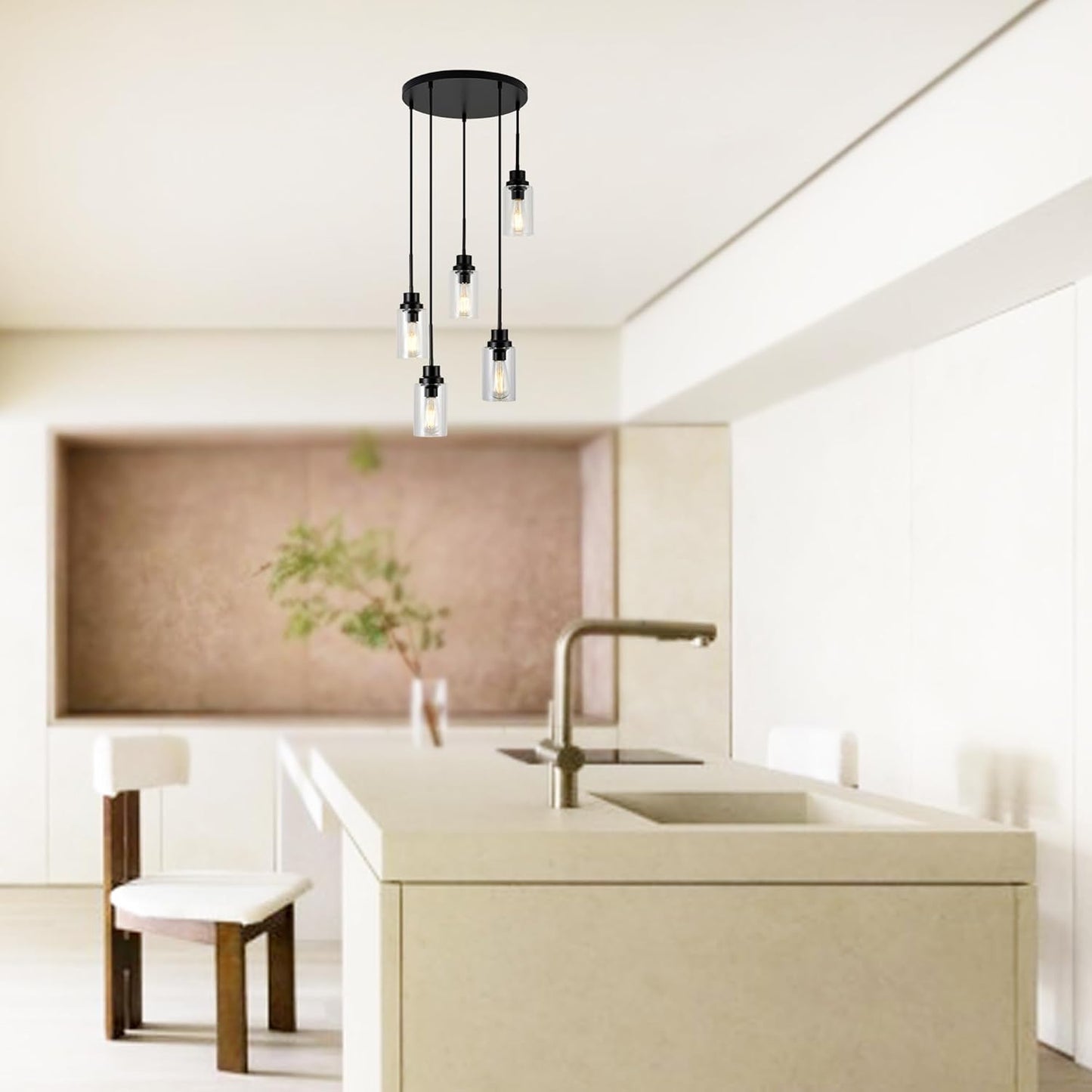 5-Light Kitchen Island Dimmable Pendant Lights with Clear Glass Shade, Black Finish for Dinning Room, Living Room, Kitchen Island