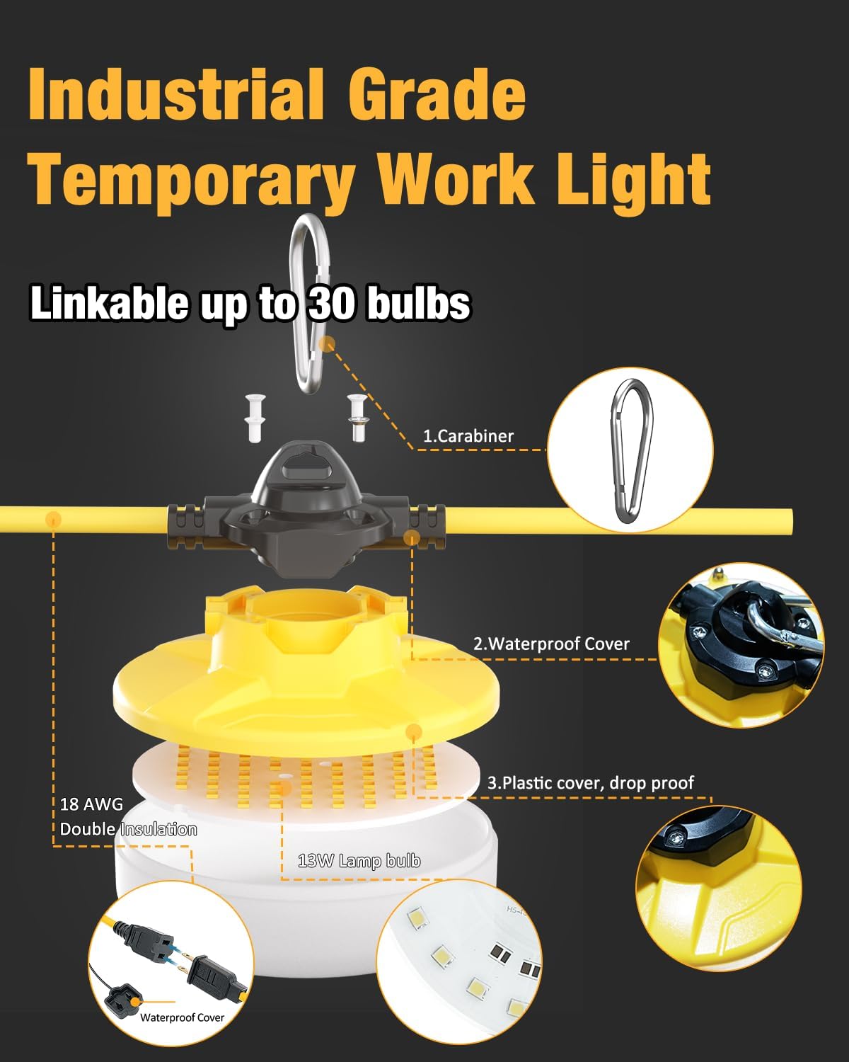 LED Construction String Light 100FT, 130W 16000Lm Industrial LED String Work Lights with 10 Bulbs, Linkable 5000K Super Bright Temporary Lighting for Construction Site, Job Site, Work Site