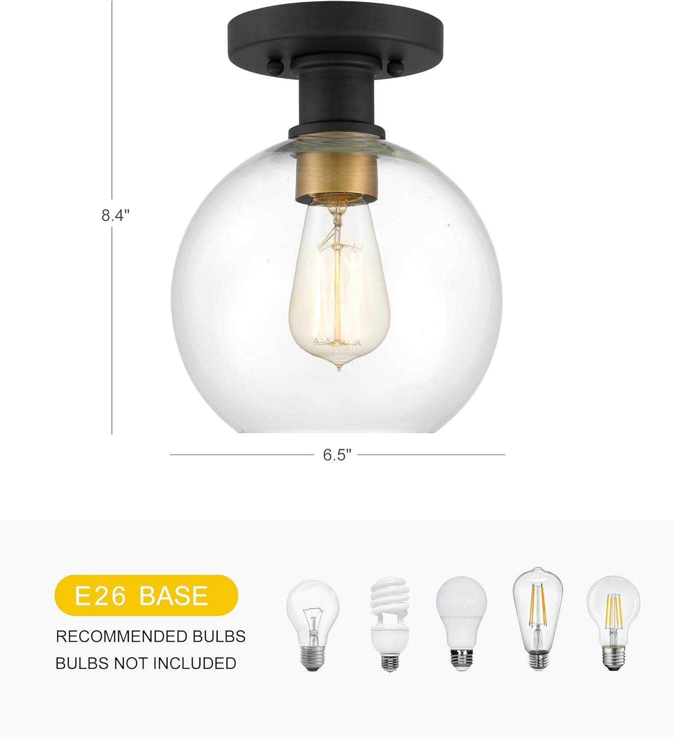 Dan Modern Farmhouse 1-Light Flush Mount Ceiling Light Clear Glass Globe Black Gold Finish for Hallway, Entryway, Passway, Bedroom, Garage, Kitchen, Balcony