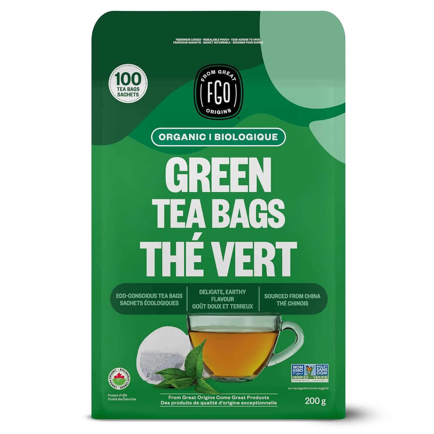 FGO Organic Green Tea, 100 Count Eco-Conscious Tea Bags, Caffeinated, Resealable Pouch, Packaging May Vary (Pack of 1)