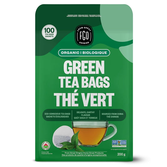 FGO Organic Green Tea, 100 Count Eco-Conscious Tea Bags, Caffeinated, Resealable Pouch, Packaging May Vary (Pack of 1)