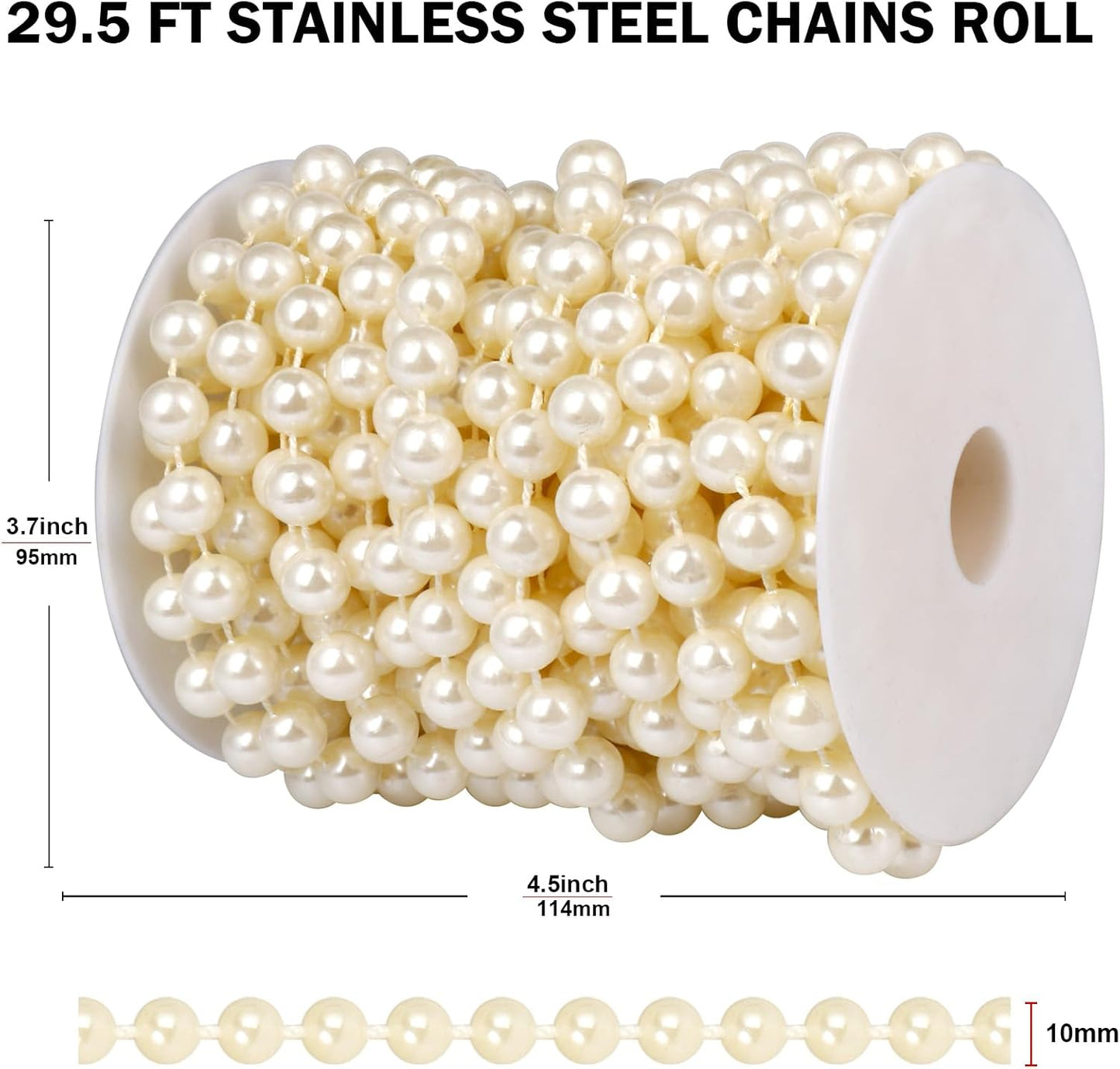 29.5 FT Pearl Beads Garland for Decoration, 10MM Craft Pearl Beads String Spool Ivory Color Faux Pearl Strand Roll for DIY Craft Wedding Party Christmas Tree Decoration