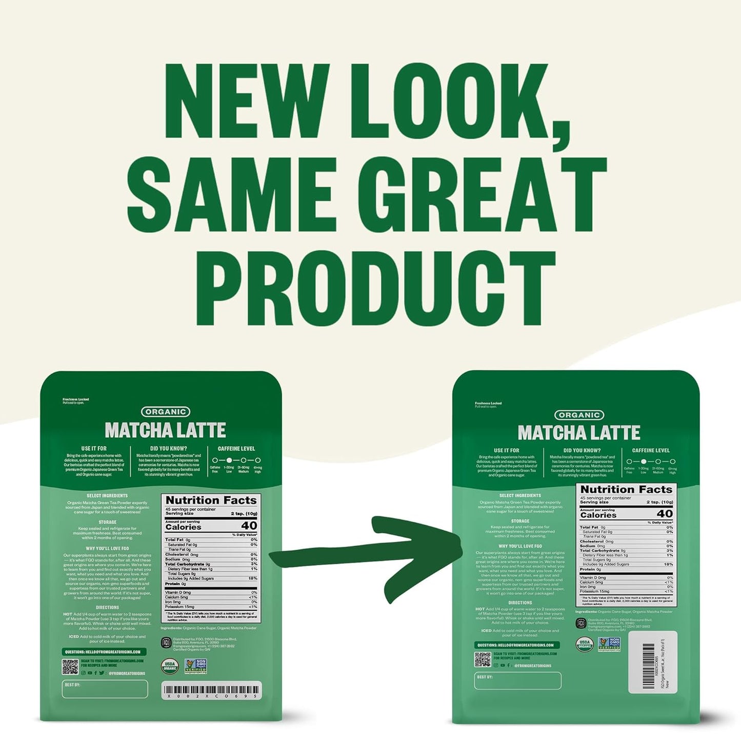 FGO Organic Matcha Latte Powder, 16 Ounce Bulk Resealable Bag, Japanese Matcha with Organic Cane Sugar, Lightly Sweetened, Packaging May Vary (Pack of 1)