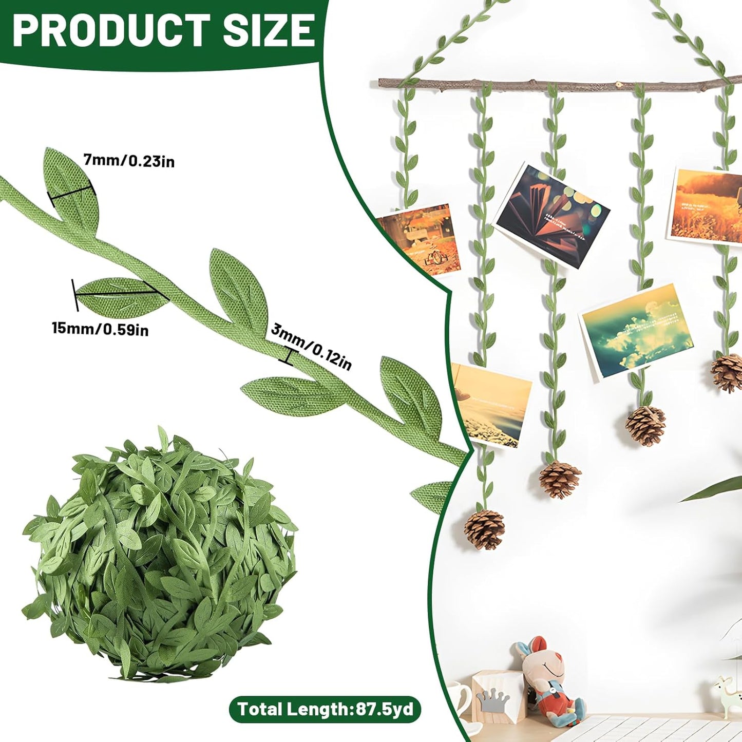 IHKFILAN 262.5 Ft Leaf Ribbon,Olive Green Leaves Leaf Trim Ribbon,Artificial Vines Wild Jungle Decorative Botanical Greenery for Baby Shower Home Wall Garden Wedding Party Wreaths DIY Craft(Green)