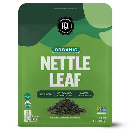 FGO Organic Nettle Leaf Loose Tea, Cut and Sifted, Caffeine Free, 16oz Bulk Resealable Bag, Packaging May Vary (Pack of 1)