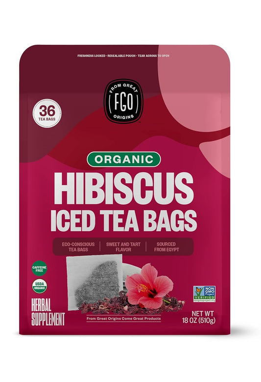 FGO Organic Hibiscus Iced Tea, 36 Eco-Conscious Pitcher Sized Tea Bags, Packaging May Vary (Pack of 1)