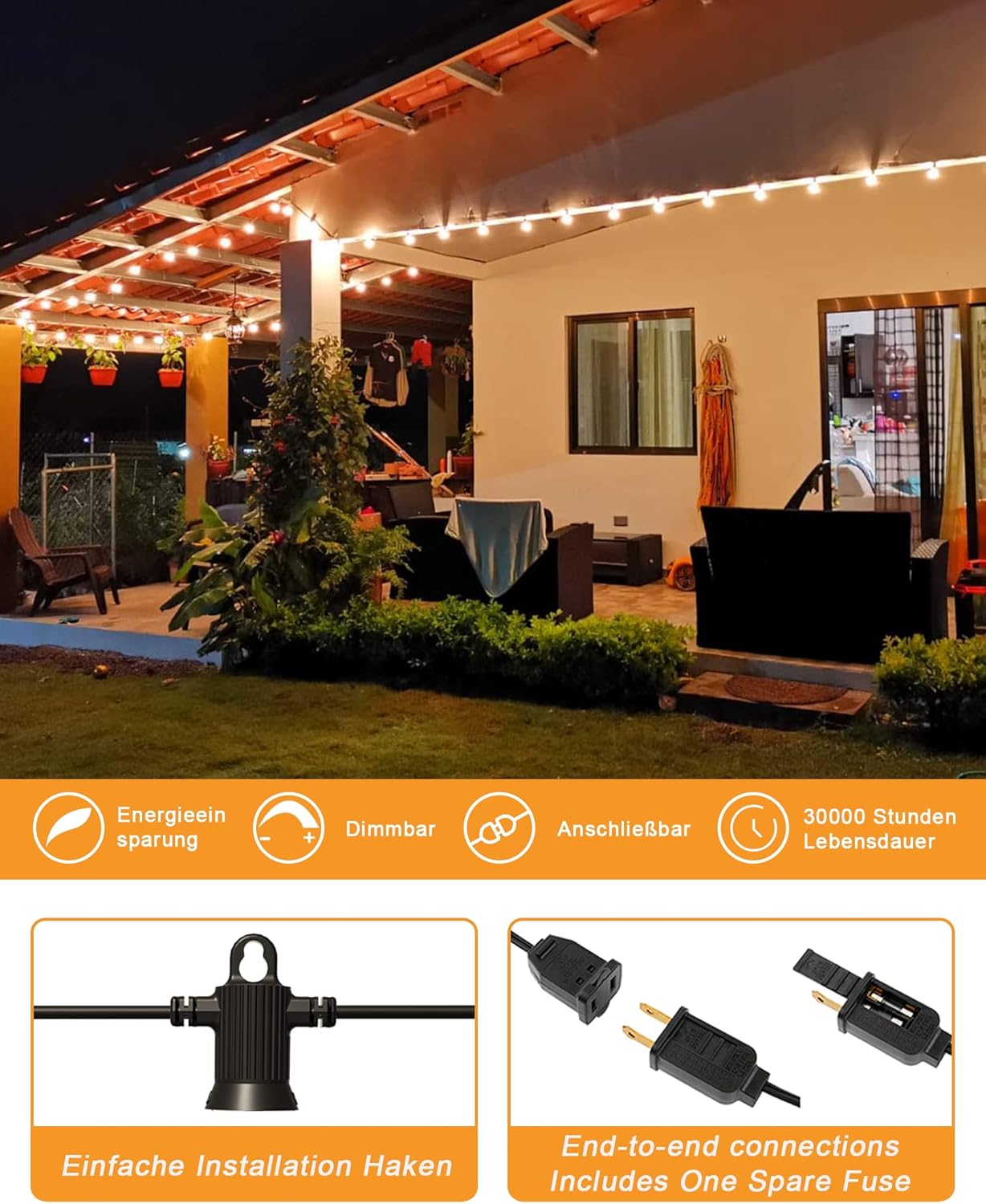 Outdoor String Lights, 50FT Patio Lights Outdoor Waterproof with 27 Shatterproof G40 Globe Bulb(2 Spare), Connectable Dimmable LED String Lights for Outside Backyard Porch Balcony Party, 2700K