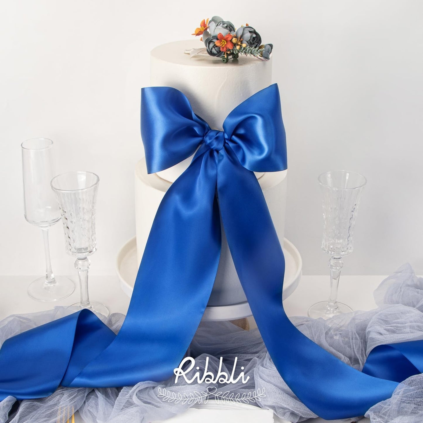 Ribbli Royal Blue Satin Ribbon 4 Inch Wide Blue Ribbon for Wedding Chair Sash Grand Opening Ceremony Big Bows Gift Wrapping Floral Crafts Cake Decor-Double Faced Satin Continuous 10 Yards