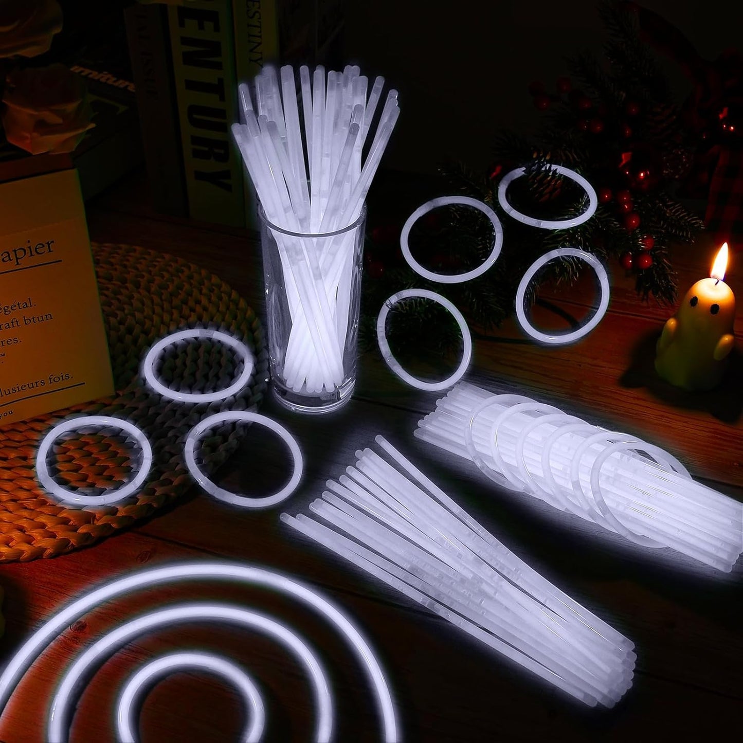 100 Pack 8” White Glow Sticks Bulk with 100 Connectors Neon Glow In The Dark Party favors Supplies for Holiday Birthday Party Decoration (White)