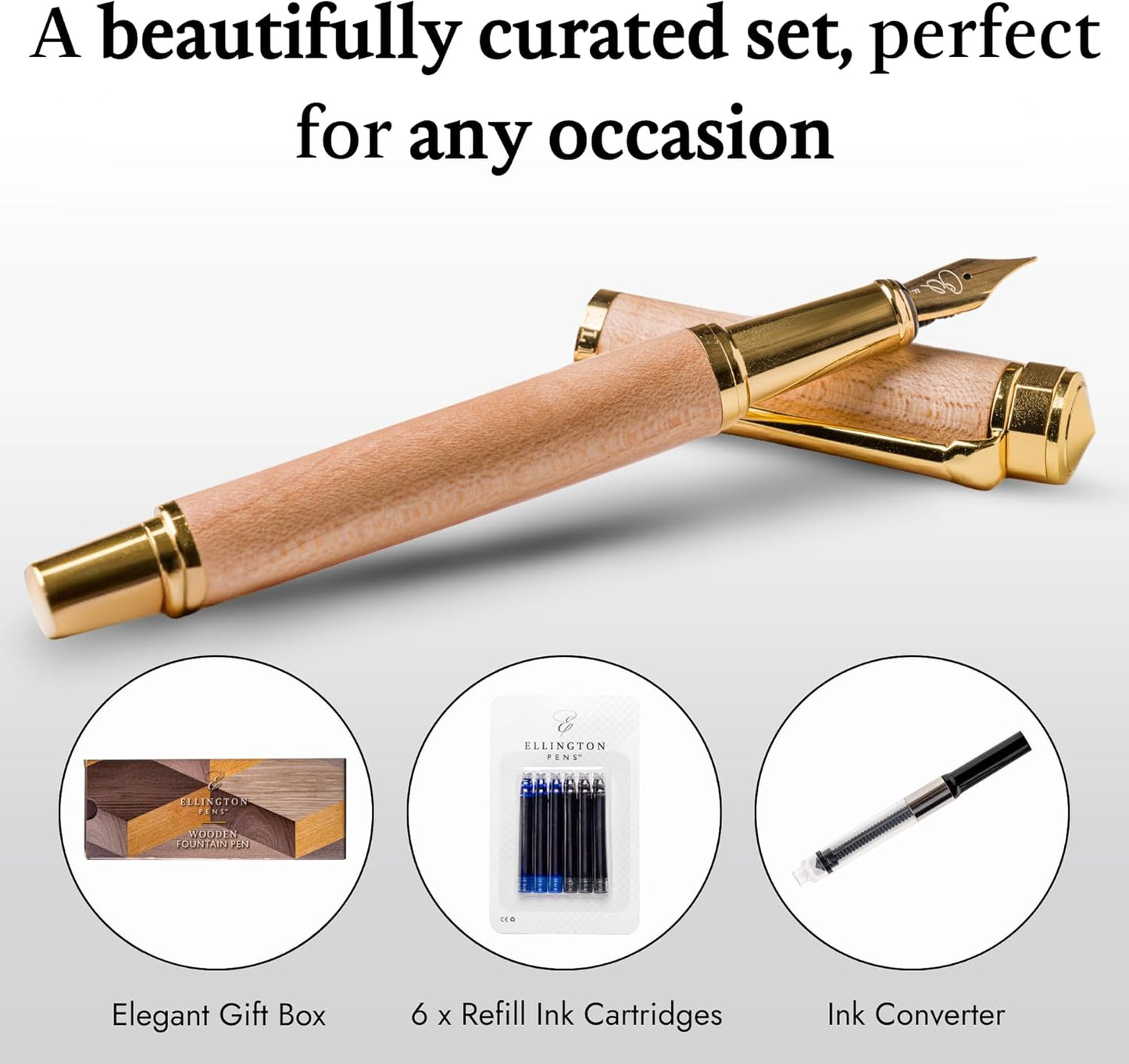 Ellington Pens Elegant Wood Fountain Pen Set – Includes Wooden Pen Box, Ink Converter, 6 Ink Cartridges, and Gift Box – Writing, Calligraphy