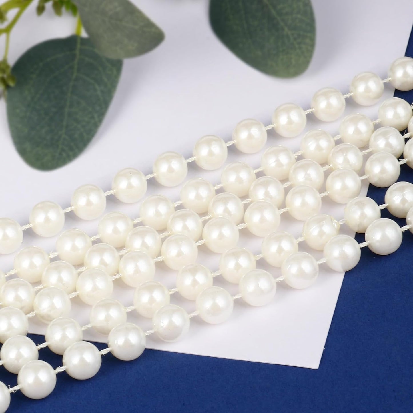 47 FT Pearl Beads Garland for Decoration, 8MM Craft Pearl Beads String Spool Ivory Color Faux Pearl Strand Roll for DIY Craft Wedding Party Christmas Tree Decoration