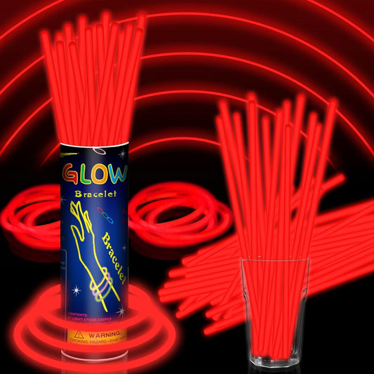 100 Pack 8” Red Glow Sticks Bulk with 100 Connectors Neon Glow In The Dark Party favors Supplies for Holiday Birthday Party Decoration (Red)