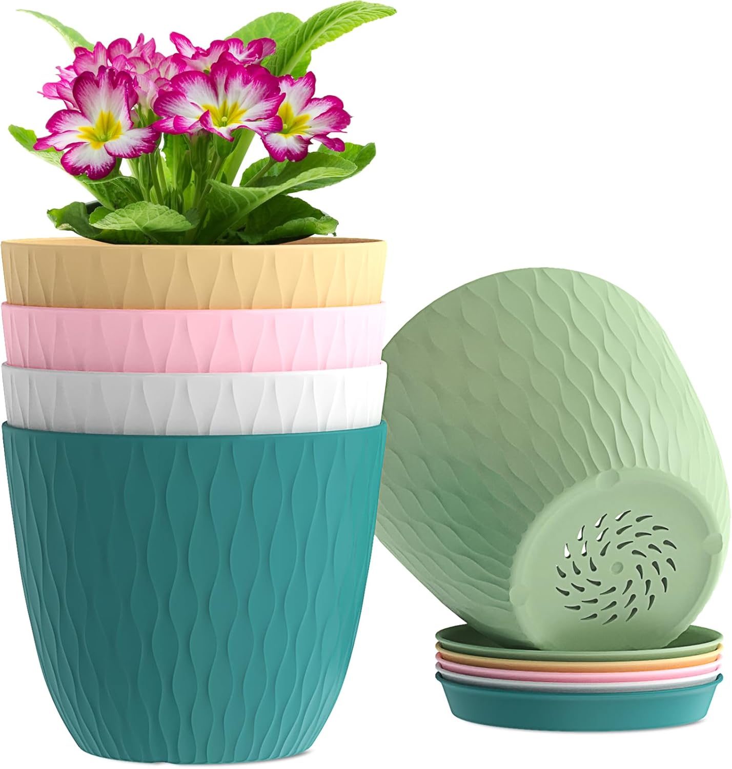 6 inch Flower Pots, 5 Pack Plant Pots with Drainage Holes and Saucers for Indoor Plants, Plastic Planters with Water Ripple for Small Garden House Plants, Nursery Pots for Succulent, Colorful