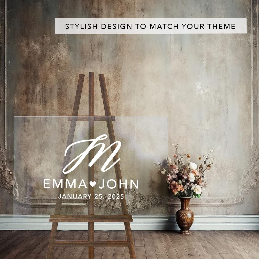 Andaz Press Custom Large Wedding Acrylic Sign, 16 x 24 Inches, Monogram Script, Personalized Sign, Welcome Sign For Modern Wedding Theme