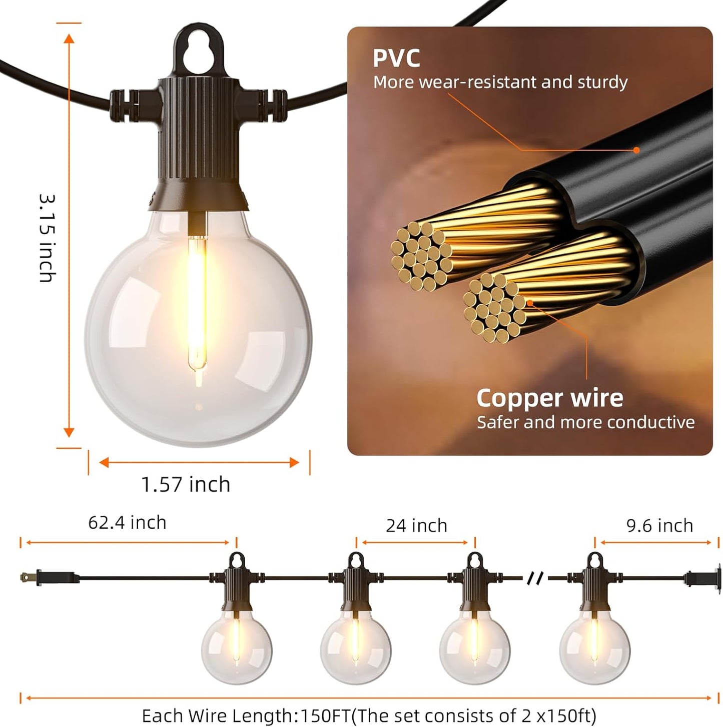 Kawaya 300FT Outdoor String Lights - LED Waterproof Patio Light for Outside with 146+4 G40 Globe Blubs - Shatterproof Hanging Lights for Porch Bistro Backyard Gazebo Balcony Cafe