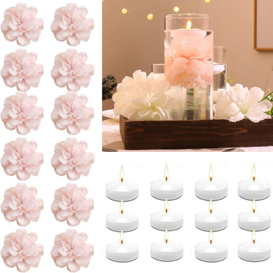 24 Pcs Floating Candles for Centerpieces and Floating Flowers Artificial Flowers Head Vase Filler for Party Home Table Wedding Centerpieces Decoration (Pink)