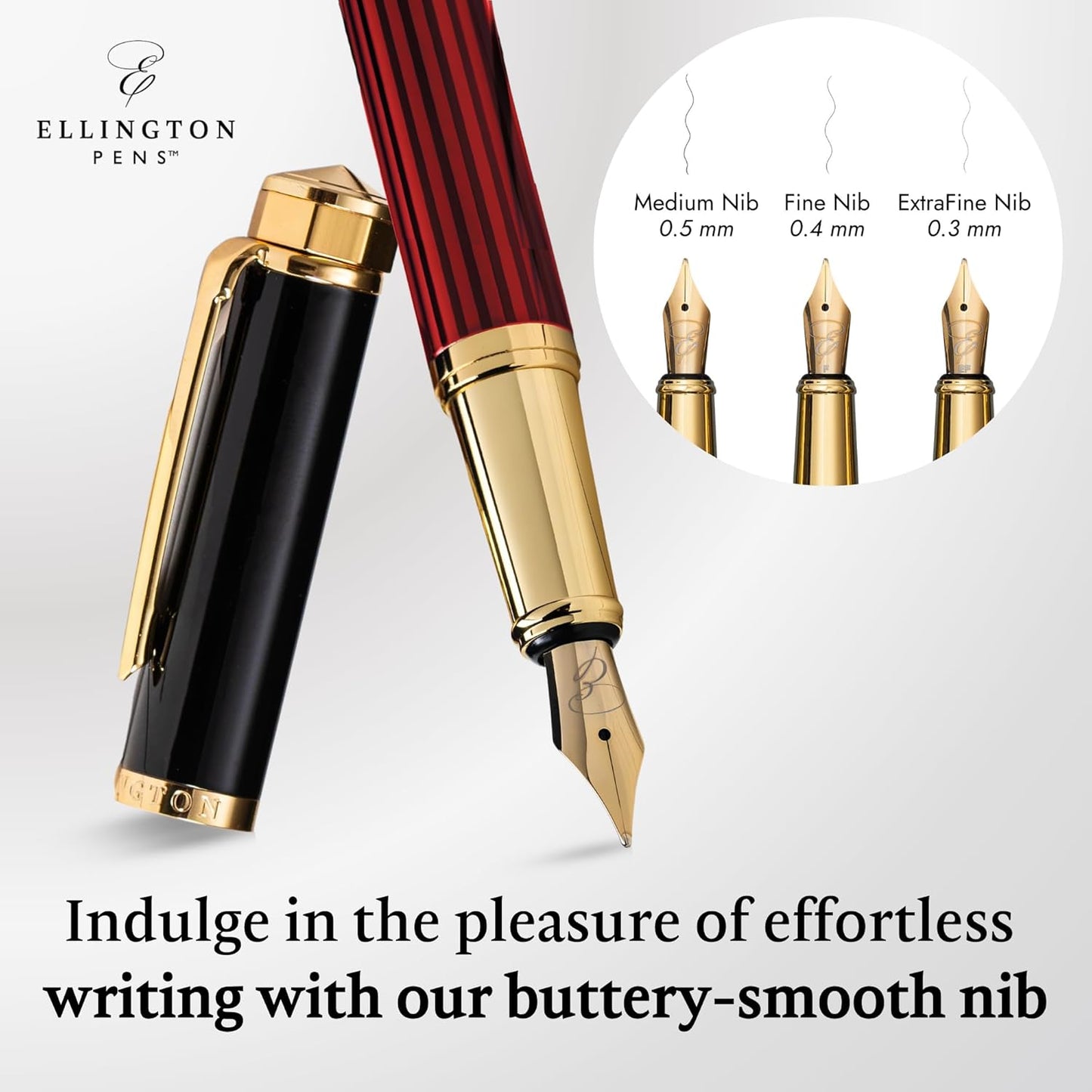 Ellington Pens Luxury Fountain Pen Set- Fountain Pens for Writing - Smooth Medium Nib - Includes Refillable Ink Converter, 3 Ink Cartridges [Black & Blue], Gift Box - Elegant Calligraphy