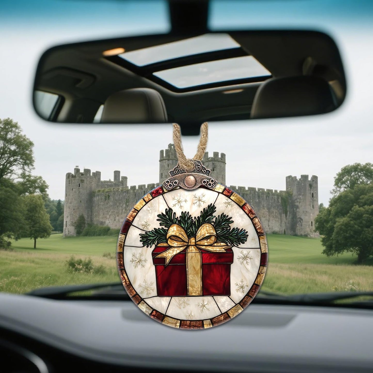 Stained Glass Christmas Decorations, Red Gift with Gold Ribbon Suncatcher for Window Christmas Tree Hanging Ornaments Retro White Sun Catcher Xmas Decor Gifts for Women Men Mom Nana Friend