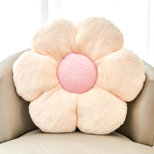 Beige Flower Pillow, Cute Decorative Flower Shaped Throw Pillow with Faux Rabbit Fur, 19.6" Soft Flower Plush Throw Pillow Floor Pillows Room Décor for Bedroom Living Room