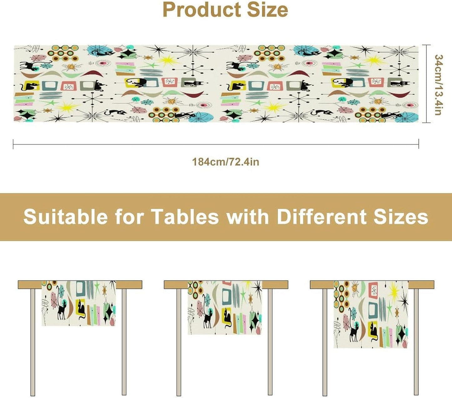 Colorful Geometric Table Runner,Vintage Mid Century Cute Cat Abstract Morden Print Tablecloth Burlap for Hotel Indoors Outdoor Dining Room Kitchen Home Decor, 13x36in