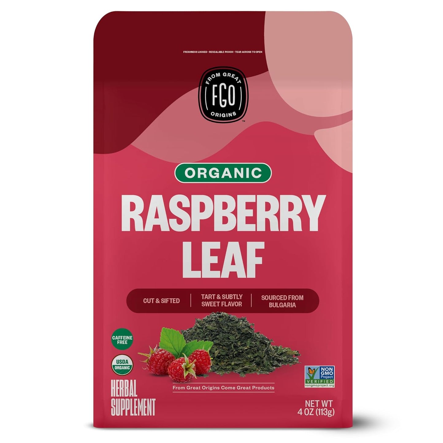 FGO Organic Red Raspberry Loose Leaf Herbal Tea, Cut and Sifted, Caffeine Free, Resealable Bag, 4oz (Pack of 1)