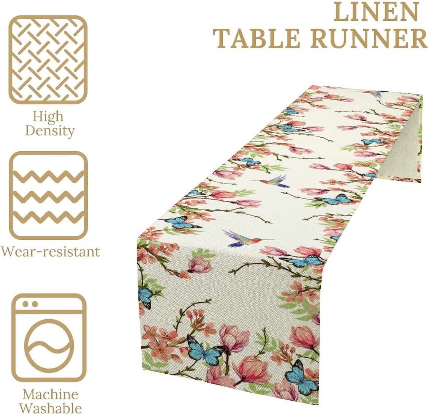 Floral Butterfly Table Runner Seasonal Spring Flower Bird Table Decoration Table Runner for Home Party Decoration 13x60 Inch