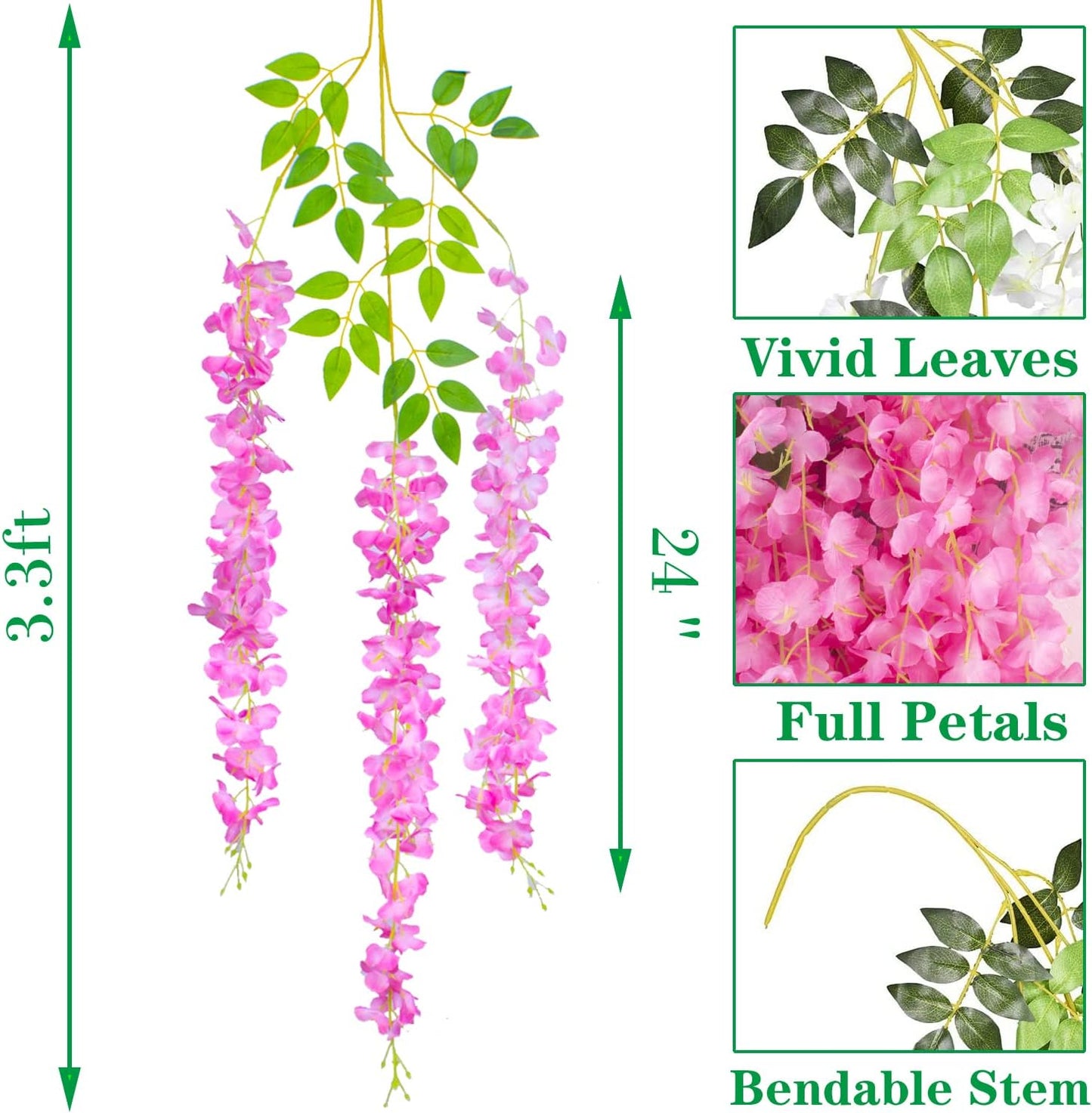 24 Pack Artificial Fake Wisteria Vine Ratta (3.75 Feet) Hanging Garland Silk Flowers String Home Party Wedding Decor(Pink)