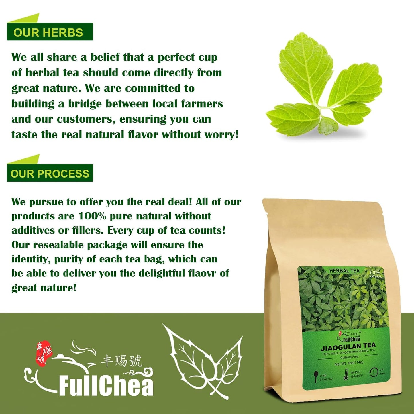 FullChea - Premium Gynostemma Tea Jiaogulan Loose Leaf Tea Herbal Tea - Non-GMO, Sulfur-free, Caffeine-free - Enhance Immunity - 4oz/114g