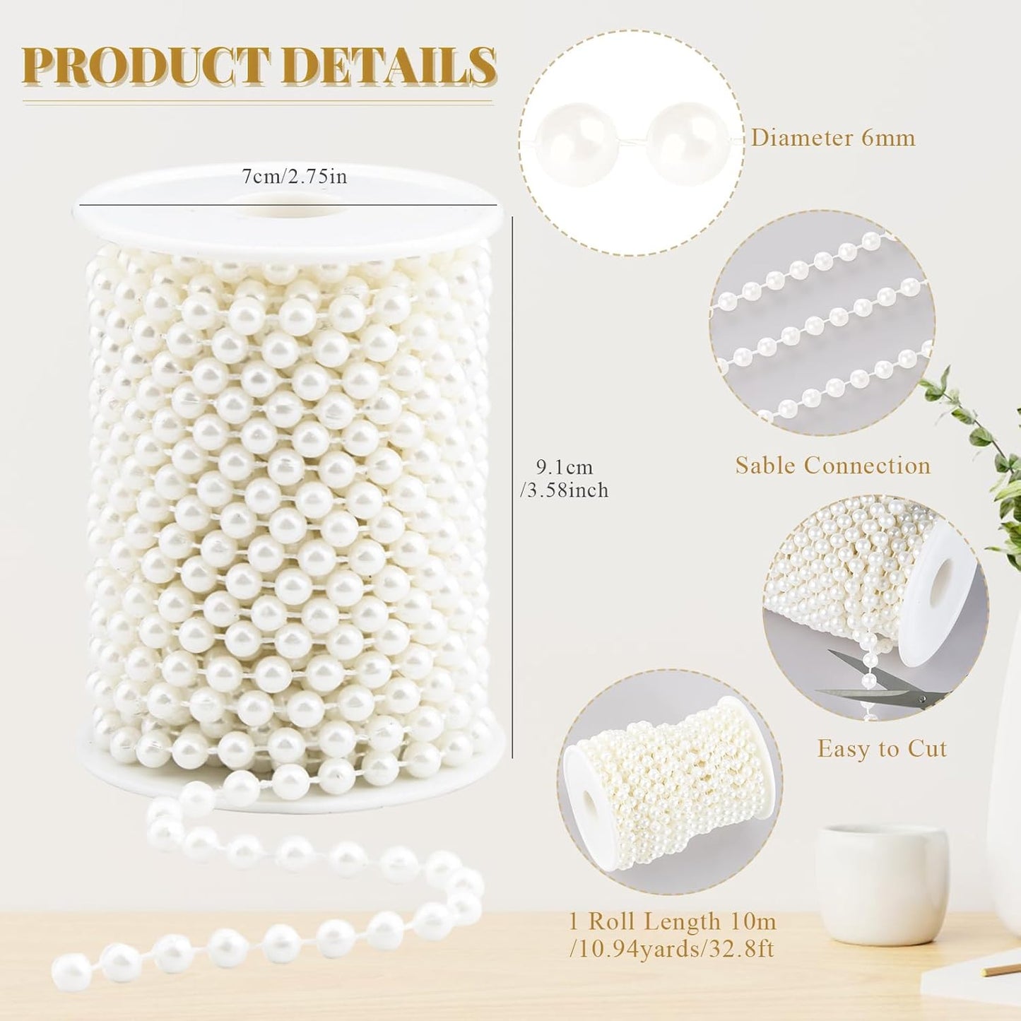 Craft String Pearls Bead 6MM, 33 Feet Ivory Fake Pearl Garland Beads Trim for Wedding Christmas Tree Decorations DIY