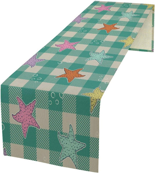 Starfish Plaid Table Flag Green Plaid and Marine Life Starfish Kitchen Table Flag Suitable for Birthday Party Restaurant Decoration Outdoor Picnic 13 * 120 Inch