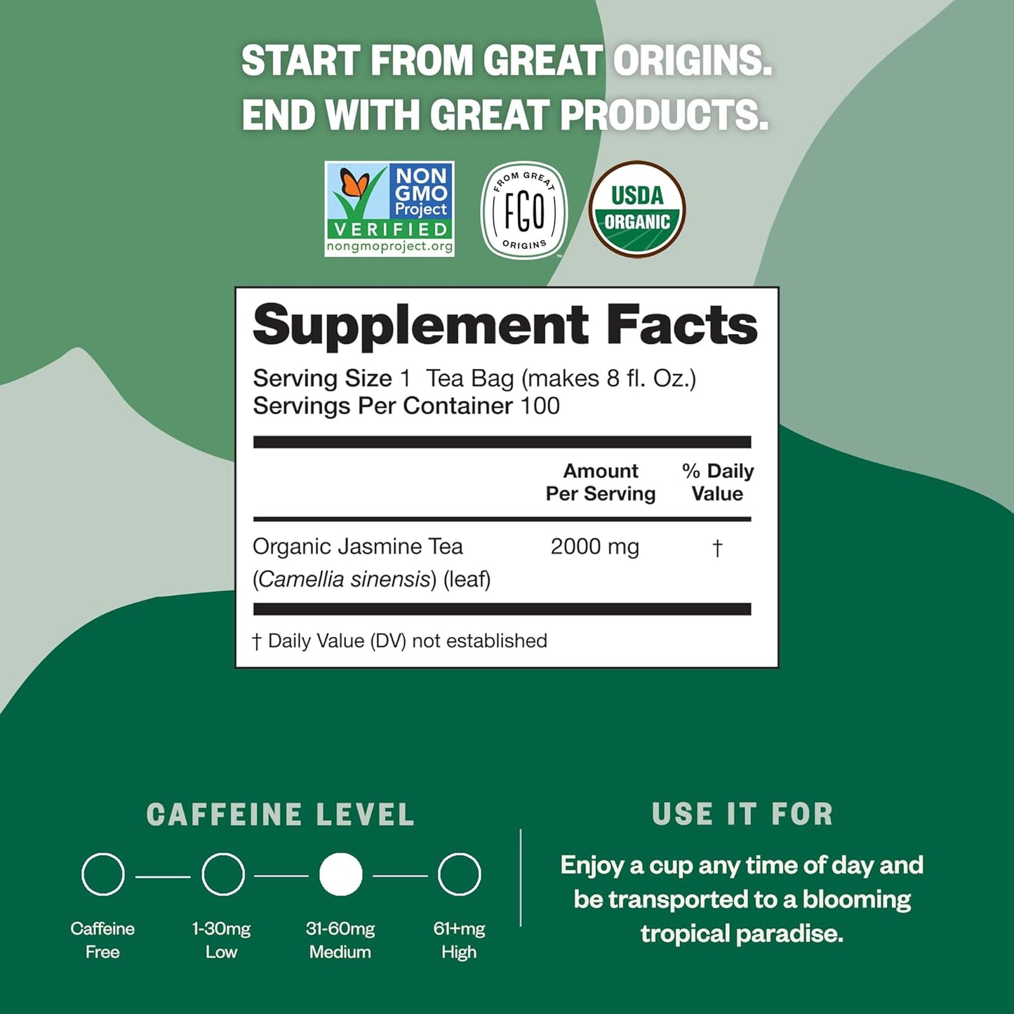 FGO Organic Jasmine Green Tea, 100 Count, Eco-Conscious Tea Bags, Resealable Bag, Packaging May Vary (Pack of 1)