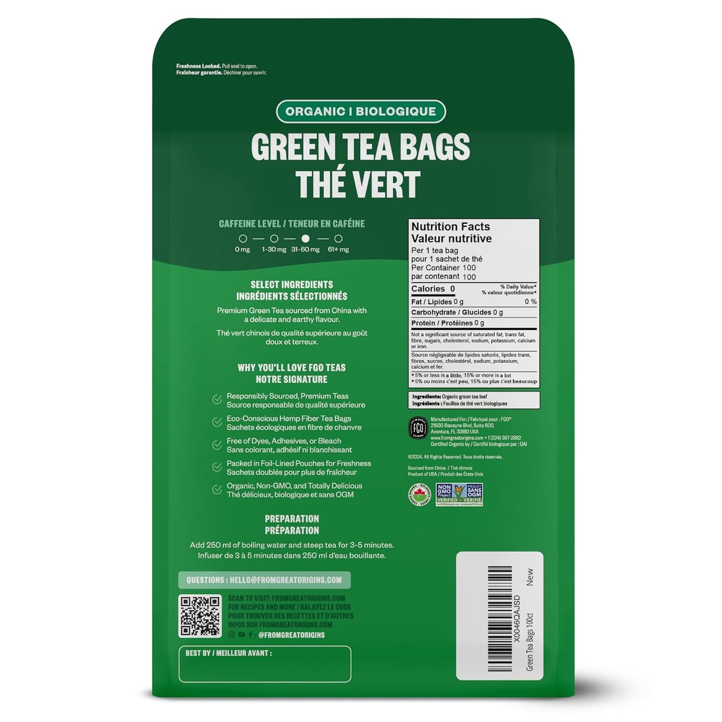 FGO Organic Green Tea, 100 Count Eco-Conscious Tea Bags, Caffeinated, Resealable Pouch, Packaging May Vary (Pack of 1)