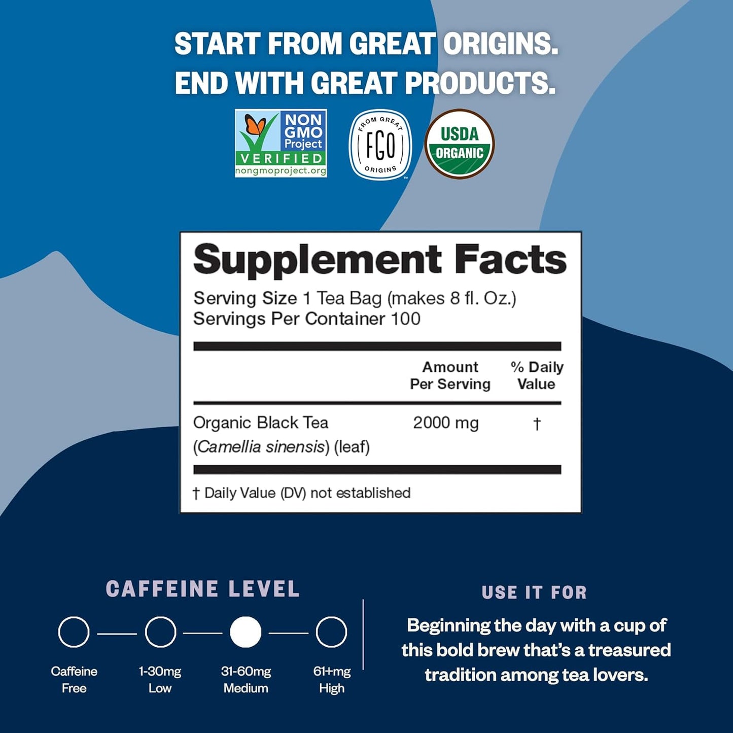 FGO Organic Black Tea, 100 Count, Eco-Conscious Tea Bags, Caffeinated, Resealable Bag, Packaging May Vary (Pack of 1)