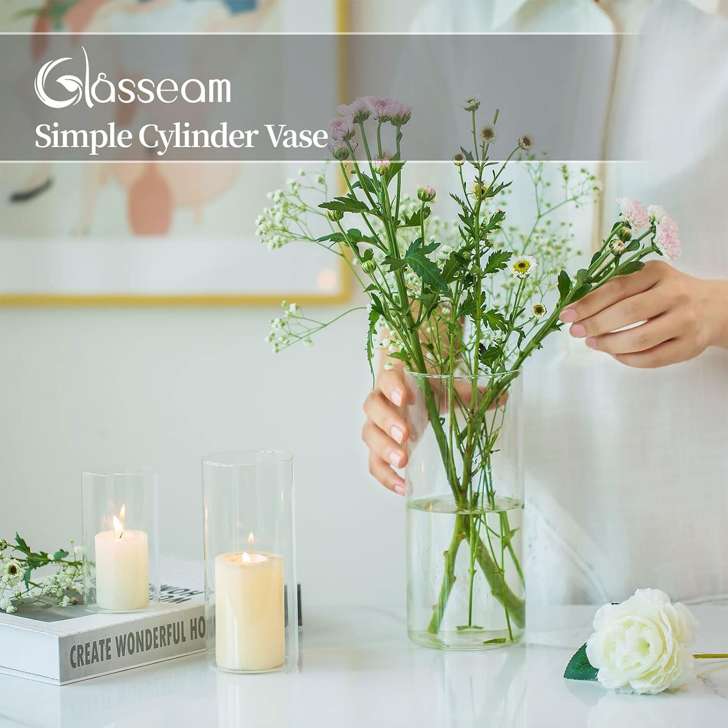 Glasseam Cylinder Vases Set of 12, Hurricane Candle Holder Clear Different Sizes, Modern Glass Cylinder Vase, Glass Vases for Centerpieces for Home Decor Wedding Centerpieces, Events, 4''+ 6''+7.8''