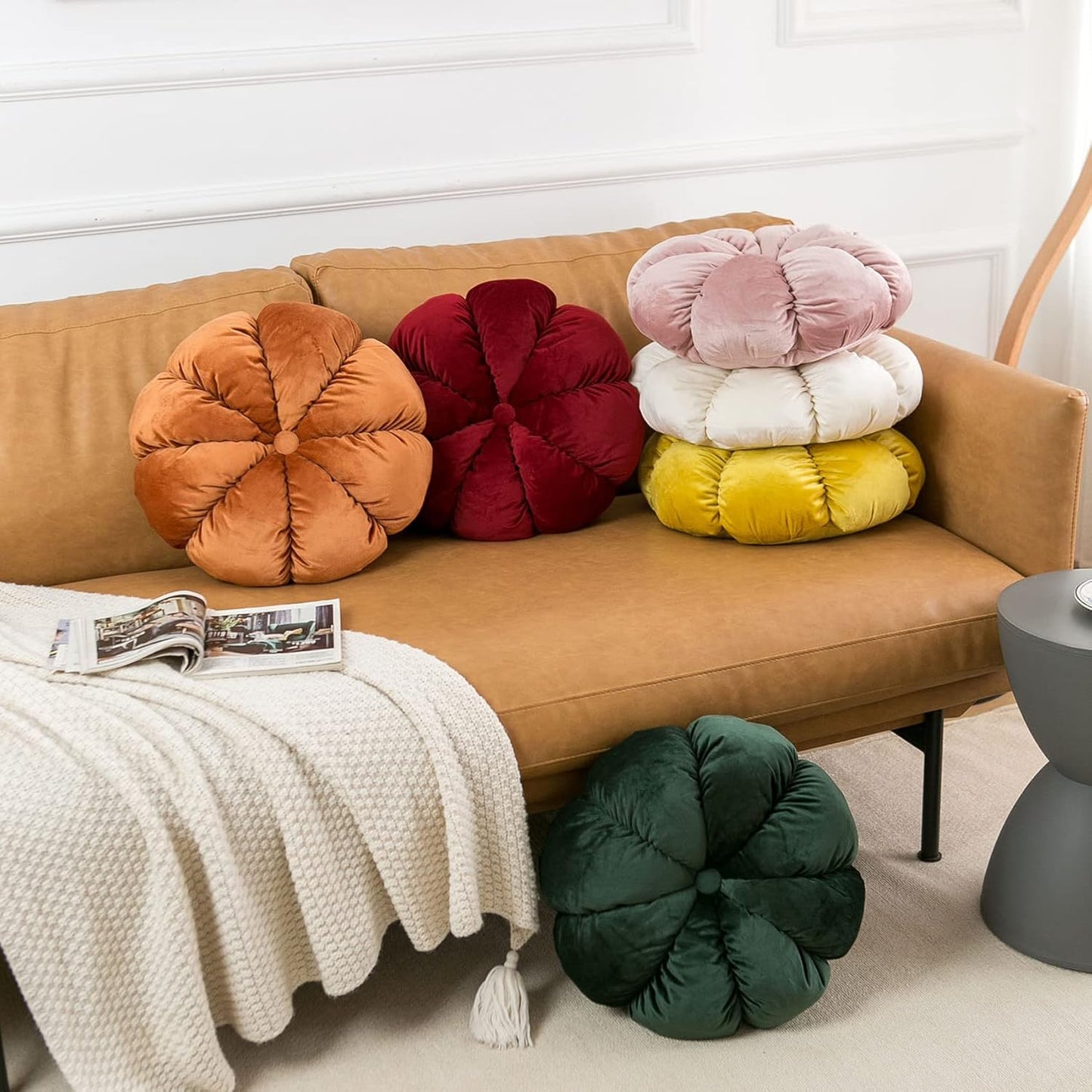 Flower Pillow Cushion Round Decorative Throw Pillow for Couch Bedroom Flower-Shaped Floor Cushion for Girls Kids (Orange, 15.7”)