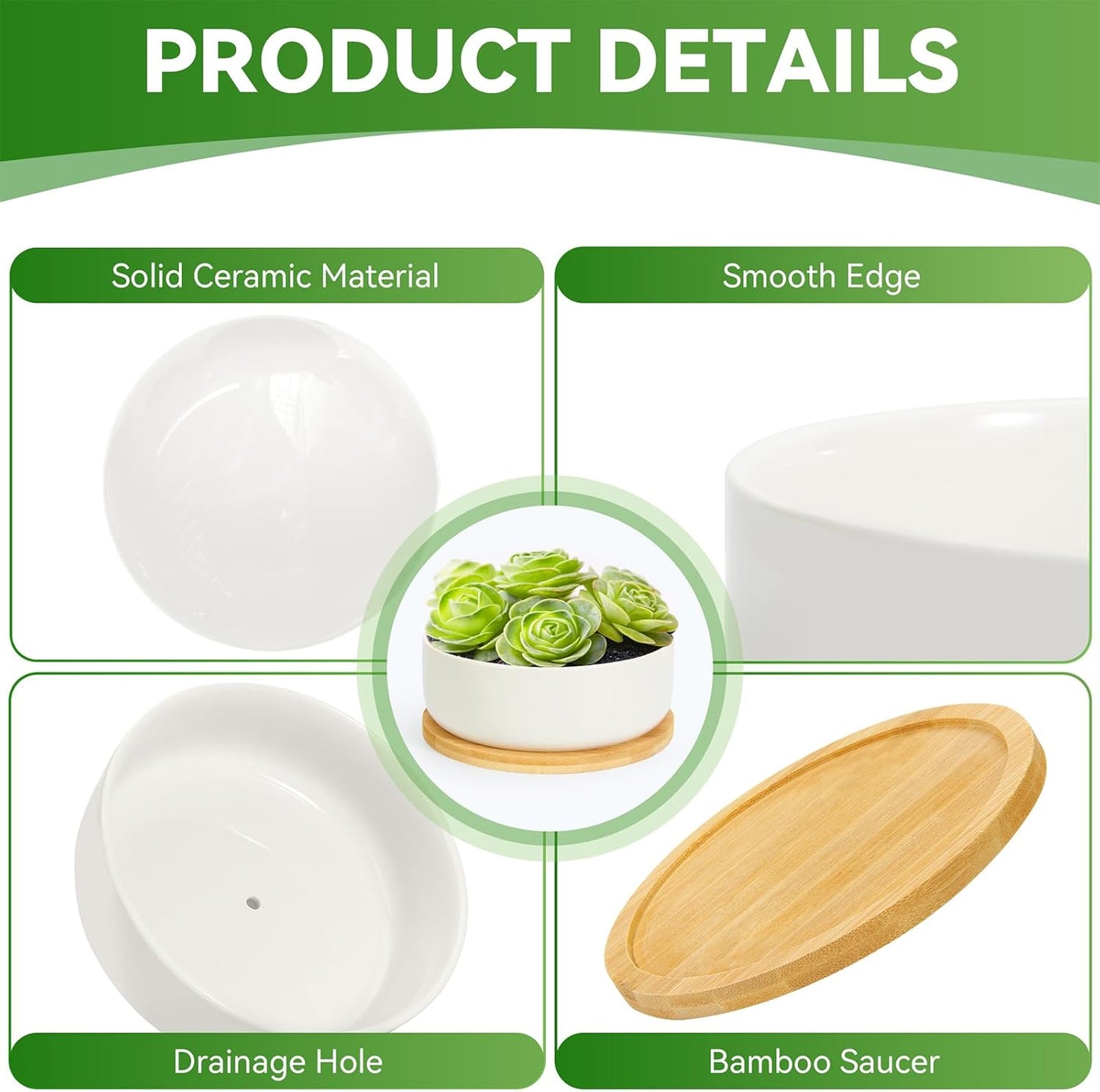 ZOUTOG Plant Pot 6 Inch,Ceramic Succulent Pots for Flower with Drainage and Tray,Succulent Planters for Indoor Plants White Round with Home,Office,Pack of 2