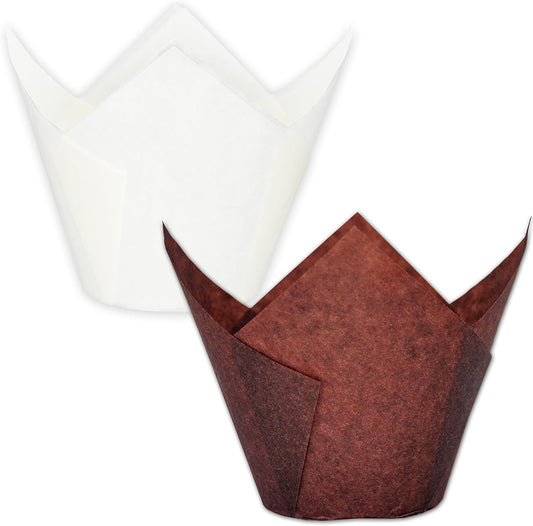 (Jumbo Extra Large size) Brown+White Tulip Baking Cups 2-1/4"(Base diameter) x 3-3/4"(Wall height) Greaseproof paper baking cupcake Muffin liners, Case of 130 pcs