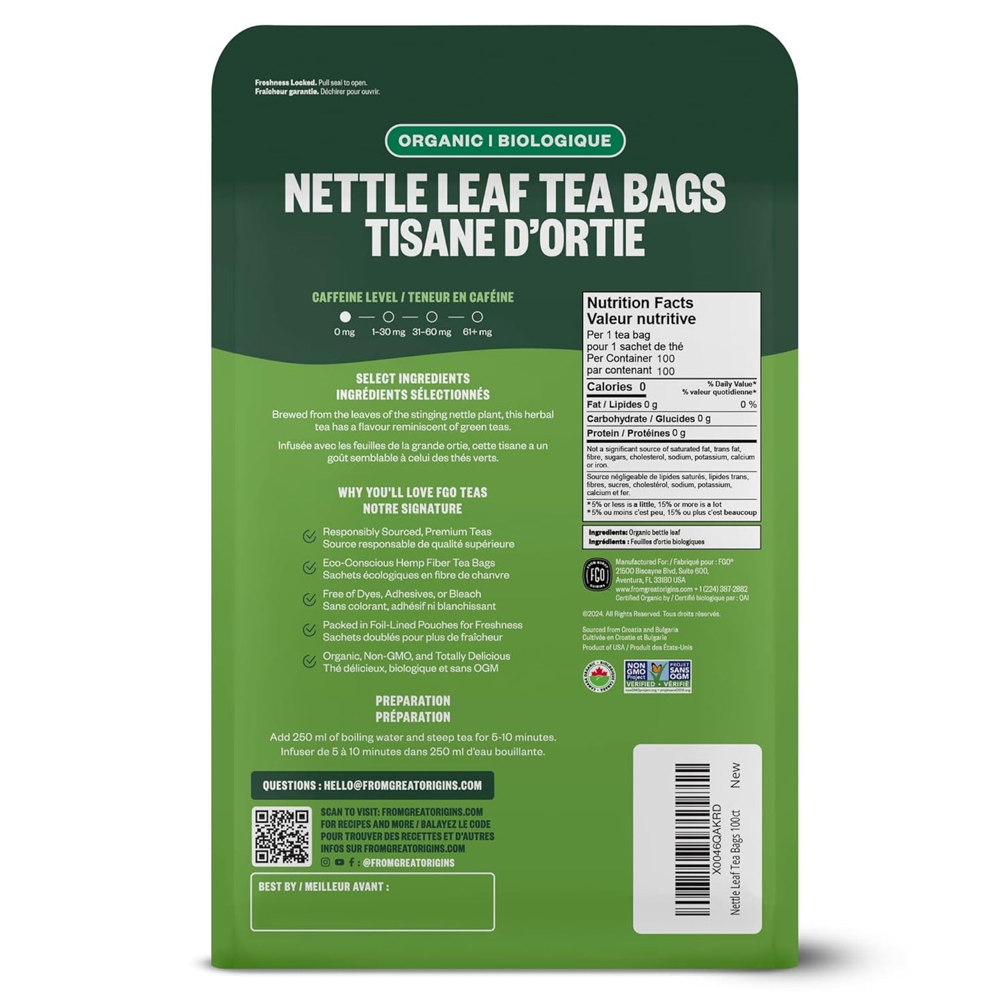 FGO Organic Nettle Leaf Tea, 100 Count, Eco-Conscious Tea Bags, Caffeine Free, Resealable Bag, Packaging May Vary (Pack of 1)
