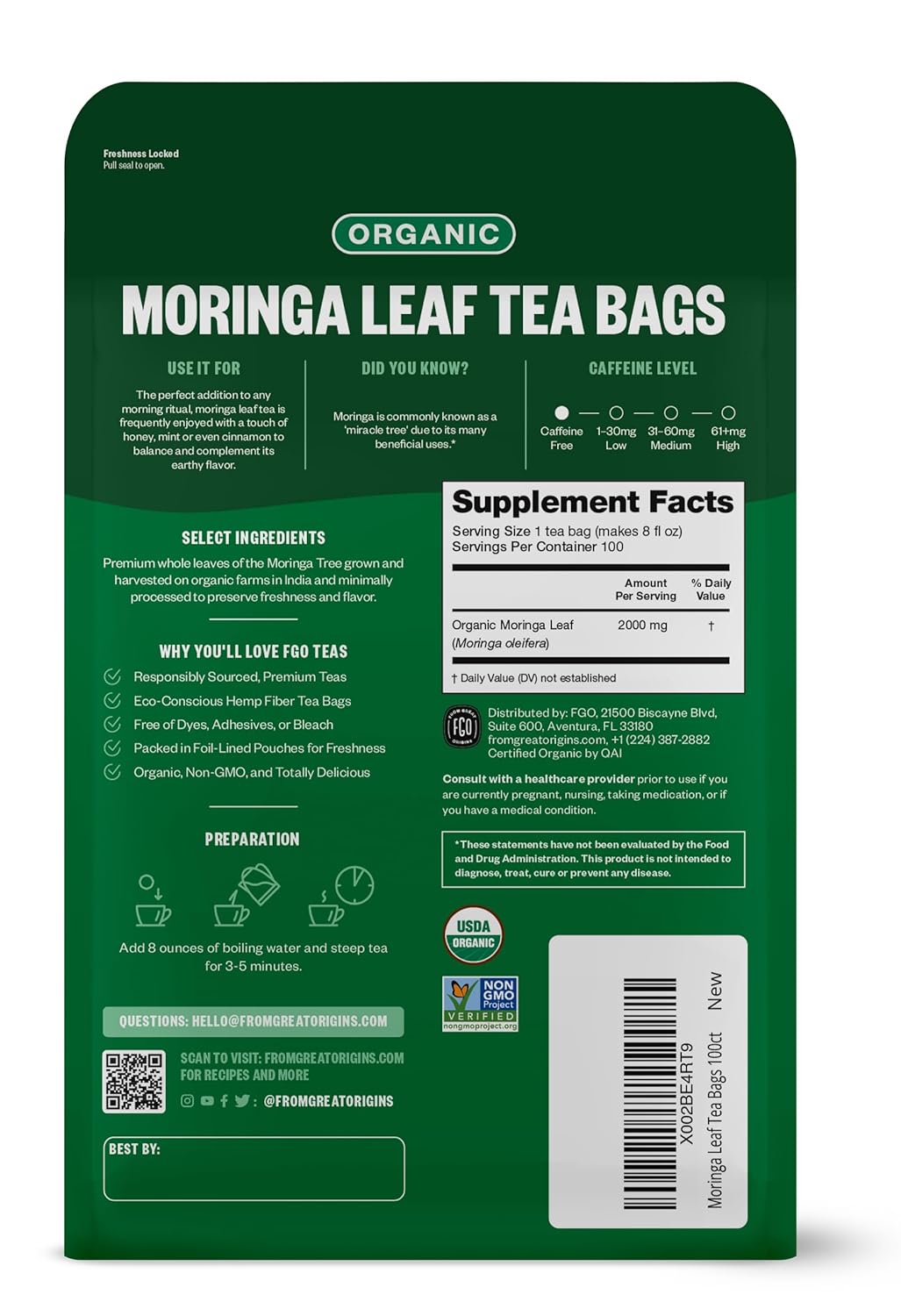 FGO Organic Moringa Tea, 100 Count, Eco-Conscious Tea Bags, Resealable Bag, Caffeine Free, Packaging May Vary (Pack of 1)