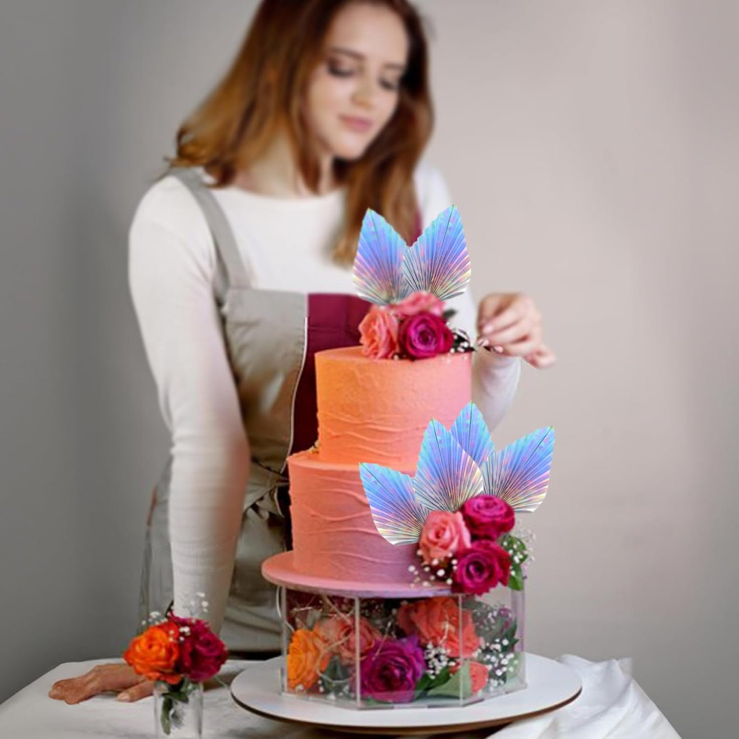 Gyufise 6Pcs Paper Palm Fan Cake Toppers Palm Spear Leaves Fan Cupcake Toppers Cake Insert Decorations Craft DIY Cake Bakeware Decoration for Birthday Party Wedding Party Decor Supplies Laser