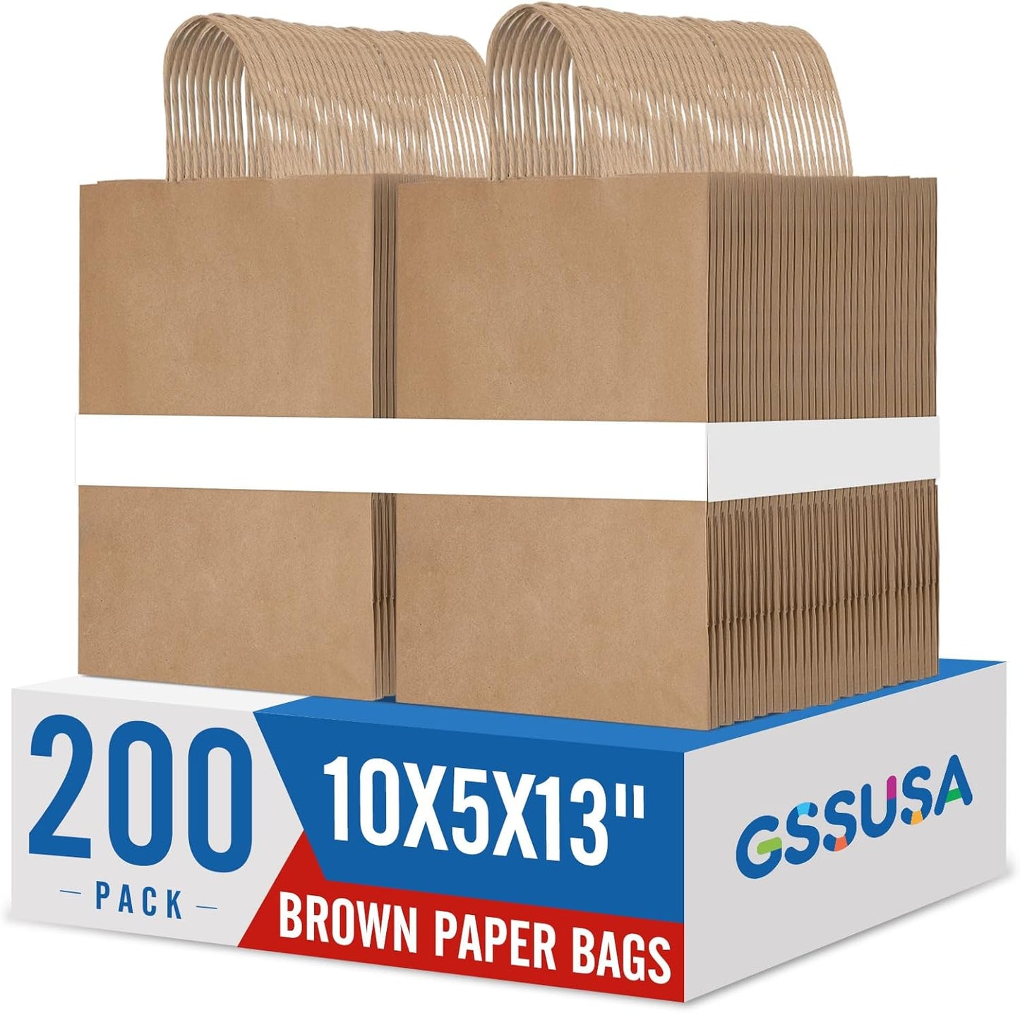 GSSUSA Brown Kraft Paper Gift Bag with Handles, 10x5x13 Bulk Shopping Grocery Paper Bags 200 Pcs, Party Favor Retail Small Business Packaging Mother's Day Merchandise Boutique Wedding Baby Shower