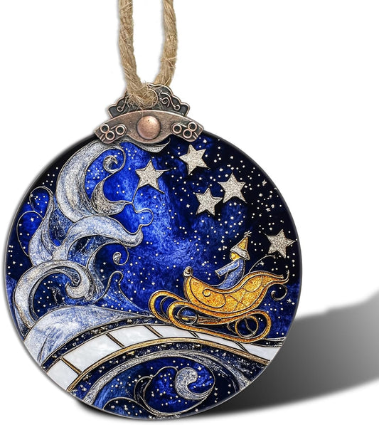 Stained Glass Christmas Decorations, Blue Sky Silver Star Suncatcher for Window Christmas Tree Hanging Ornaments Magic Carpet Sun Catcher Xmas Decor Gifts for Women Men Mom Nana Friend